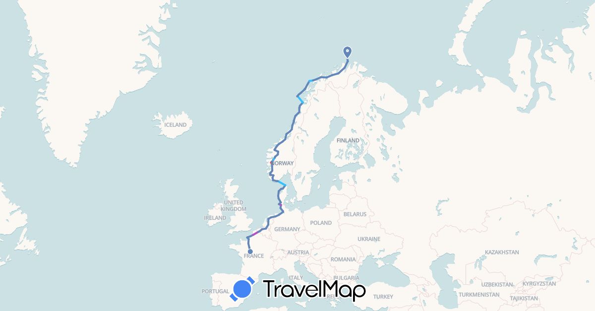 TravelMap itinerary: driving, cycling, train, hiking, boat in Belgium, Germany, Denmark, France, Netherlands, Norway (Europe)