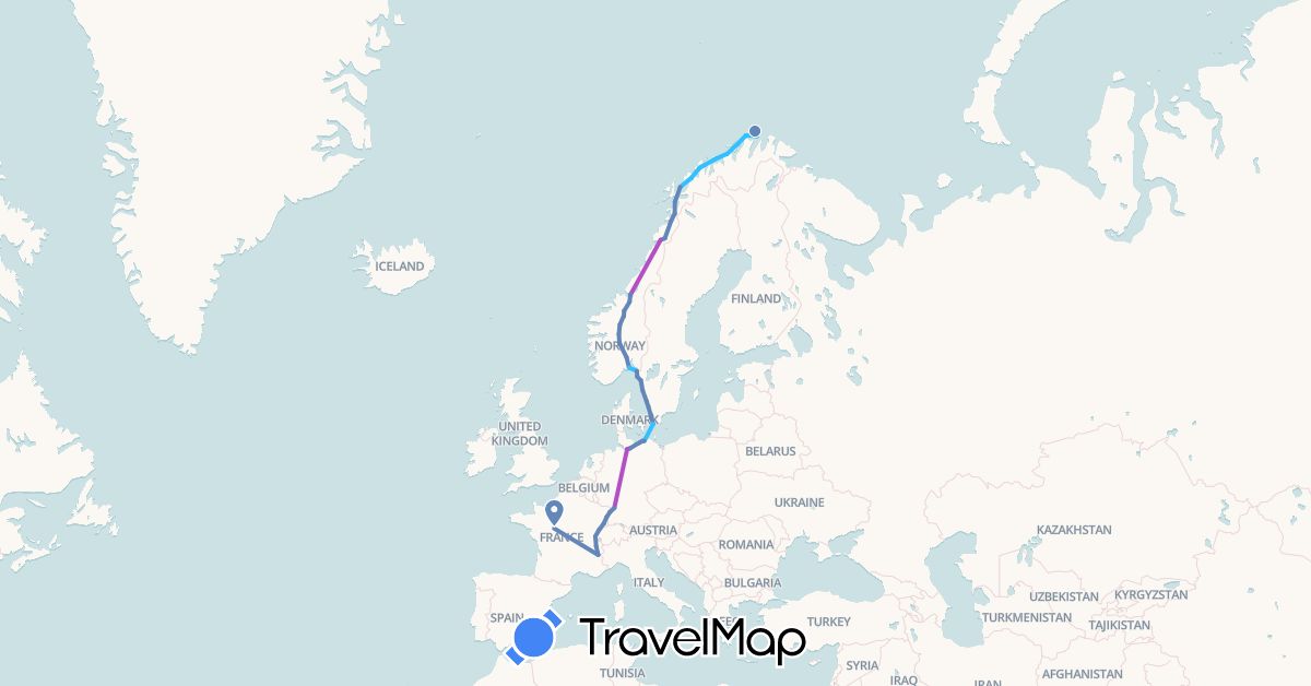 TravelMap itinerary: driving, cycling, train, boat in Germany, France, Norway, Sweden (Europe)